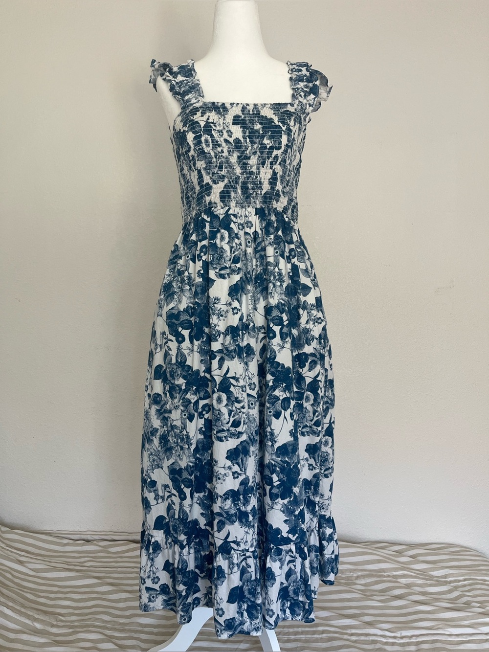 The Drop Blue Floral Smocked Maxi Dress Small Sundress Resort Wear